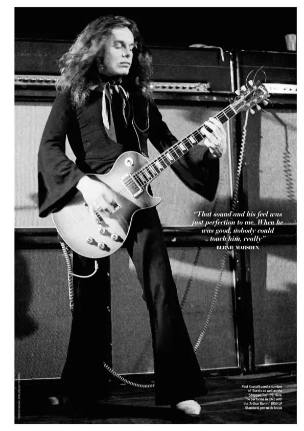  ??  ?? Paul Kossoff used a number of ’Bursts as well as the ‘Stripped Top’ ’59. Here, he performs in 1972 with the ‘Arthur Ramm’ 1959 LP Standard, pre-neck-break