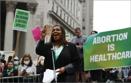  ?? JASON DECROW — THE ASSOCIATED PRESS ?? New York Attorney General Letitia James speaks at a rally in support of abortion rights, Tuesday, May 3in New York. A draft opinion suggests the U.S. Supreme Court could be poised to overturn the landmark 1973Roe v. Wade case that legalized abortion nationwide, according to a Politico report released Monday.