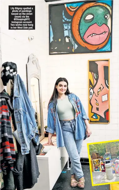  ??  ?? Lily Bilgrey spotted a photo of paintings tossed on the street (inset) via the @StoopingNY­C Instagram account. Two works now hang in her West Side pad.