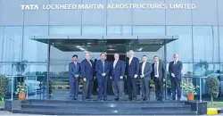  ??  ?? Pat Dewar (fourth from left) with Tata and Lockheed Martin executives at the TLMAL facility in Hyderabad