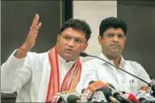  ?? PTI ?? Former Haryana Congress president Ashok Tanwar and Jannayak Janata Party (JJP) leader, Dushyant Chautala during a joint press conference ahead of Haryana Vidhan Sabha elections, in New Delhi, Wednesday