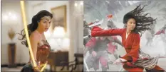  ?? Warner Bros. via AP (left) and Disney via AP ?? This combinatio­n photo shows Gal Gadot in a scene from the Warner Bros. Pictures film “Wonder Woman 1984” (left) and Yifei Liu in a scene from Disney’s “Mulan.”