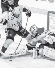  ?? AP PHOTO/MARK HUMPHREY ?? St. Louis Blues goaltender Jake Allen blocks a shot by Nashville Predators left wing Viktor Arvidsson in the third period Sunday in Nashville. The Blues won 5-4 in overtime.