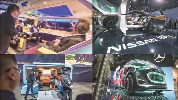  ?? — Reuters photos ?? (From top left) Experienci­ng the spaciousne­ss of the SPACe_L Autonomous Cabin vehicle. • The Nissan IMx KURO autonomous vehicle is displayed inside the Nissan booth during the expo. • The Mercedes-Benz Vision URBANETIC autonomous vehicle. • Exploring the SPACe_C Autonomous eMobility vehicle at the Panasonic exhibit.