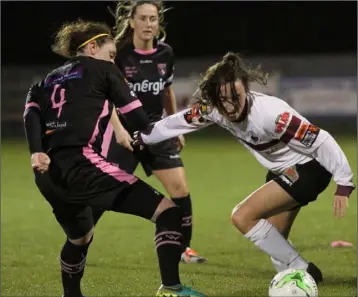  ??  ?? Jess Gleeson of Wexford Youths in the thick of the action.