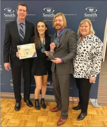  ?? ?? Okanagan College
Gold medal winners Jessica Skerlec and Patrick Gilmour with coaches Roger Wheeler (left) and Laura Thurnheer (right).