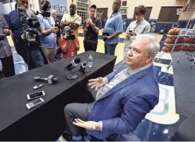  ??  ?? Grizzlies GM Chris Wallace speaks to the media during the season wrap-up interviews at the FedExForum. MARK WEBER/THE COMMERCIAL APPEAL