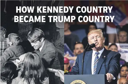  ?? FILE PHOTO BY AP, LEFT; JUSTIN MERRIMAN/GETTY IMAGES ?? At left, Sen. Robert F. Kennedy visits students in rural Breathitt County, Ky. and chats with two girls at Millers Branch School in February 1968. President Trump rallies with supporters in August 2017 at the Big Sandy Superstore Arena in Huntington,...