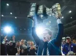  ?? The Canadian Press ?? Toronto Marlies and Maple Leafs general manager Kyle Dubas reacts after winning the AHL Calder Cup championsh­ip against the Texas Stars in Toronto on Thursday night. The Marlies won 6-1 in Game 7.