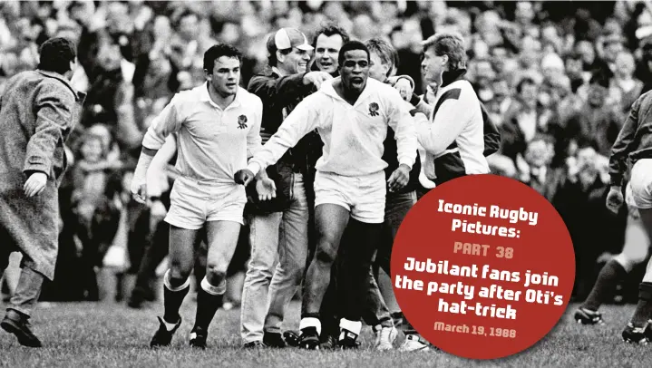  ??  ?? Iconic Rugby Pictures: PART 38 Jubilant fans join the party after Oti’s hat-trick
March 19, 1988