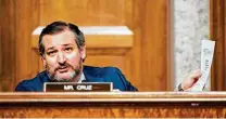  ?? Bill Clark / AFP via Getty Images ?? U.S. Sen. Ted Cruz, R-Texas, questions Twitter CEO Jack Dorsey and Facebook CEO Mark Zuckerberg during a Senate Judiciary Committee hearing last week.