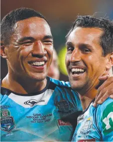  ?? Picture: GETTY IMAGES ?? Tyson Frizell and Mitchell Pearce are all smiles.