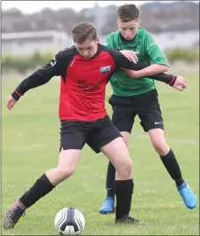  ?? Picture: Paul Connor ?? Patrick Meade of Drogheda Town holds off Albion Black’s Alex Shannon during Sunday’s Drogheda Children’s League Under-14 Cup semi-final at St Oliver’s.