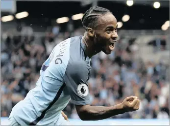  ?? PICTURE: REUTERS ?? Manchester City’s Raheem Sterling celebrates scoring their third goal against West Ham at the Etihad Stadium yesterday.