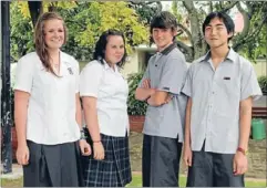  ??  ?? New look: From left, senior girls’ uniform worn by Eden Culic, junior girls’ uniform worn by Zaria Lunn, junior boys’ uniform worn by Ward Dinsdale and senior boys’ uniform worn by Gavin Su.