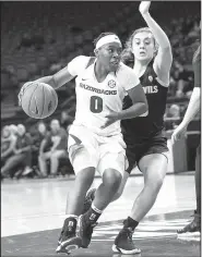  ?? Special to NWA Democrat-Gazette/DAVID BEACH ?? A’tyanna Gaulden of Arkansas drives to the basket against Arizona State at Bud Walton Arena in Fayettevil­le on Sunday.