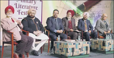  ?? SANJEEV SHARMA/HT ?? Brig AJS Behl (retd), CM Capt Amarinder Singh, journalist Vir Sanghvi, Lt Gen SS Brar (retd), Brig GS Gosal (retd) and Brig DK Khullar (retd) in a session on the Sinoindian conflict of 1962, at the Military Literature Festival in Chandigarh on Saturday.