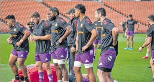  ?? Photo: Chiefs ?? Chiefs No.8 Pita Gus Sowakula (third from left) with forwards coach Neil Barnes (wearning cap) during training at the FMG Waikato Stadium in Hamilton.