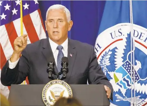  ?? AP ?? Vice President Pence has blasted Mayor de Blasio and Sen. Kirsten Gillibrand for their support of disbanding Immigratio­n and Customs Enforcemen­t as he addresssed agents at ICE headquarte­rs on Friday.