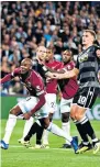  ??  ?? Running riot: Angelo Ogbonna heads in West Ham’s fifth goal last night