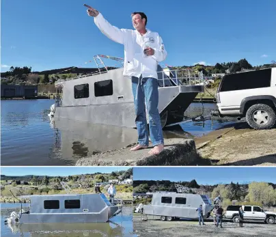  ?? PHOTO: GREGOR RICHARDSON ?? Sea trials . . . Adrian Rongen and his aquatic caravan take to the water at Lake Waihola on Saturday.