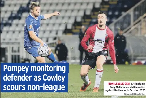  ?? Picture: Mark Fletcher | MI News ?? NON-LEAGUE GEM Altrincham’s Toby Mullarkey (right) in action against Hartlepool in October 2020