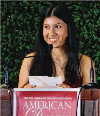  ?? Bill Glass Photograph­y/Contribute­d photos ?? Elvia Fajardo, a first-year student at the University of Hartford, is one of three recipients of The New American Dream Foundation's 2023 American Dream scholarshi­p. Fajardo is seen speaking during the foundation's gala.