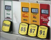  ?? DAVID ZALUBOWSKI — THE ASSOCIATED PRESS ?? Prices per gallon are displayed over labels of various grades of gasoline at a Shell station Thursday in Littleton, Colo.