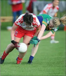  ??  ?? Tinahely’s Loretta Gilbert collides with Clan na Gael’s Laura Goonan during the Leinster semi-final in Tinahely.
