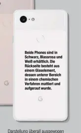  ??  ?? Beide Phones sind in Schwarz, Blassrosa und Weiß erhältlich. Die Rückseite besteht aus einem Glaselemen­t, dessen unterer Bereich in einem chemischen Verfahren mattiert und aufgeraut wurde.