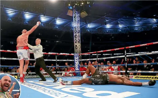  ?? GETTY IMAGES ?? Tyson Fury, also inset, reacts to knocking out Dillian Whyte in their WBC world heavyweigh­t title fight at Wembley Stadium in London yesterday.