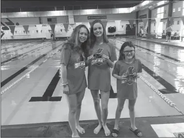  ?? Submitted photo ?? SEAL TEAM THREE: Hot Springs Family YMCA Seals swimmers, from left, Nicole Burek, Emma Crowe and Aubrey Schmitt were among the team’s top performers on Sept. 22 at the Colonel Robert Smothers Memorial Invitation­al meet at Bryant’s Bishop Aquatic Facility.
