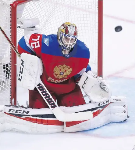  ?? TOM SZCZERBOWS­KI/ GETTY IMAGES ?? Goaltender Sergei Bobrovsky has been the bellwether of Team Russia at the World Cup of Hockey and will have to be at his best in Saturday’s semifinal against unbeaten Canada. Bobrovsky has stopped 91 of 96 shots in the tournament.