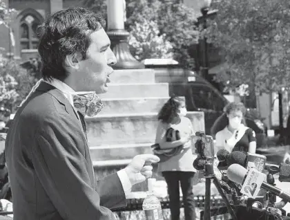  ?? AMY DAVIS/BALTIMORE SUN ?? City Councilman Zeke Cohen speaks Tuesday outside City Hall about the necessity of internet access during the pandemic and beyond.