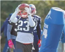  ?? STAFF PHOTO BY MATT WEST ?? ON THE BALL: Safety Patrick Chung runs through a drill during yesterday’s practice in Foxboro.