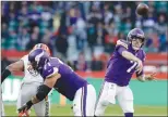  ?? Associated Press photo ?? Minnesota Vikings quarterbac­k Case Keenum (7) passes the ball during the second half of an NFL football game against Cleveland Browns at Twickenham Stadium in London, Sunday.