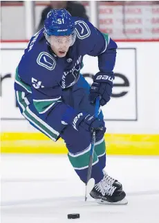  ?? GERRY KAHRMANN ?? The Vancouver Canucks’ Troy Stecher looked comfortabl­e in Saturday’s pre-season game against the Edmonton Oilers.