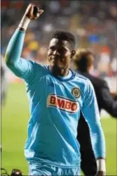  ?? MICHAEL REEVES — FOR DIGITAL FIRST MEDIA ?? Andre Blake pumps his fist after sealing the Union’s win over D.C. United at Talen Energy Stadium Saturday night.