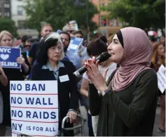  ?? (Joe Penney/Reuters) ?? LINDA SARSOUR speaks at a protest in New York against US President Donald Trump’s limited travel ban last month.