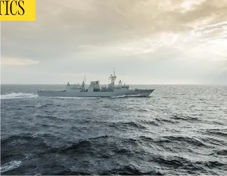  ?? LT. JENNIFER FIDLER, AFFAIRES PUBLIQUES DE LA MARINE ROYALE CANADIENNE ?? HMCS Fredericto­n sets course upon completion of an anti-ship missile defence exercise outside of Norfolk, Va., in November 2014. Canada has promised to upgrade its North Warning System, but that cost is not part of the $62 billion promised to the...