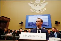  ?? (Leah Millis/Reuters) ?? FACEBOOK CEO Mark Zuckerberg testifies earlier this month before a House Energy and Commerce Committee hearing in Washington.