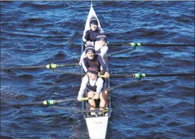  ?? Visko Hatfield / Contribute­d photo ?? Front to back, Litchfield Hills Rowing Club members Anderson Warshaw, Antonio James Butler, Harley Harris, Frank Anctil and Faye DeVaux, coxswain (not visible), compete in the Head of the Charles regatta.