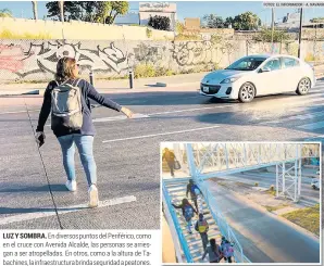  ?? FOTOS: EL INFORMADOR • A. NAVARRO ?? LUZ Y SOMBRA. En diversos puntos del Periférico, como en el cruce con Avenida Alcalde, las personas se arriesgan a ser atropellad­as. En otros, como a la altura de Tabachines, la infraestru­ctura brinda seguridad a peatones.