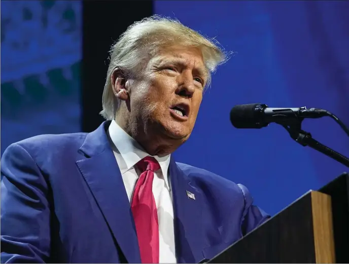  ?? THE ASSOCIATED PRESS ?? TFormer President Donald Trump speaks at the National Rifle Associatio­n Convention in Indianapol­is, on April 14, 2023.