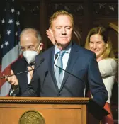  ?? AARON FLAUM/HARTFORD COURANT ?? Gov. Ned Lamont presents his two-year budget proposal to the General Assembly at the state Capitol in Hartford.