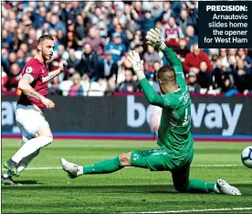  ??  ?? PRECISION: Arnautovic slides home the opener for West Ham