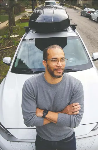  ?? ARLEN REDEKOP ?? Vancouver's Julian Mosley joined the electric-vehicle wave at the end of 2019, buying a Hyundai Kona to replace his aging Toyota Corolla. “Now we don't even look at the gas station,” he says.