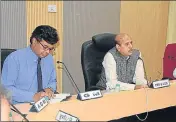  ?? HT PHOTO ?? Chairman and CEO, Railway Board, Indian Railways, Vinay Kumar Tripathi and general manager, North Eastern Railway (NER) Anupam Sharma at a review meeting in Gorakhpur.