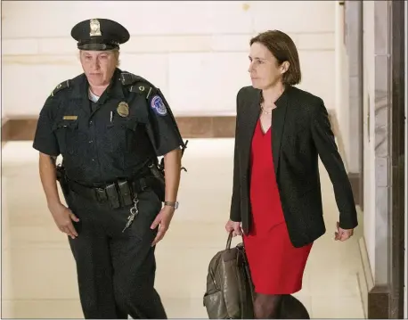  ?? MANUEL BALCE CENETA — THE ASSOCIATED PRESS ?? Former White House advisor on Russia, Fiona Hill, arrives on Capitol Hill in Washington, Monday as she is scheduled to testify before congressio­nal lawmakers as part of the House impeachmen­t inquiry into President Donald Trump.