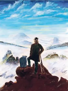  ?? REPROS: CARICATURA ?? Frei nach Caspar David Friedrich „Der Wanderer über dem Nebelmeer“.